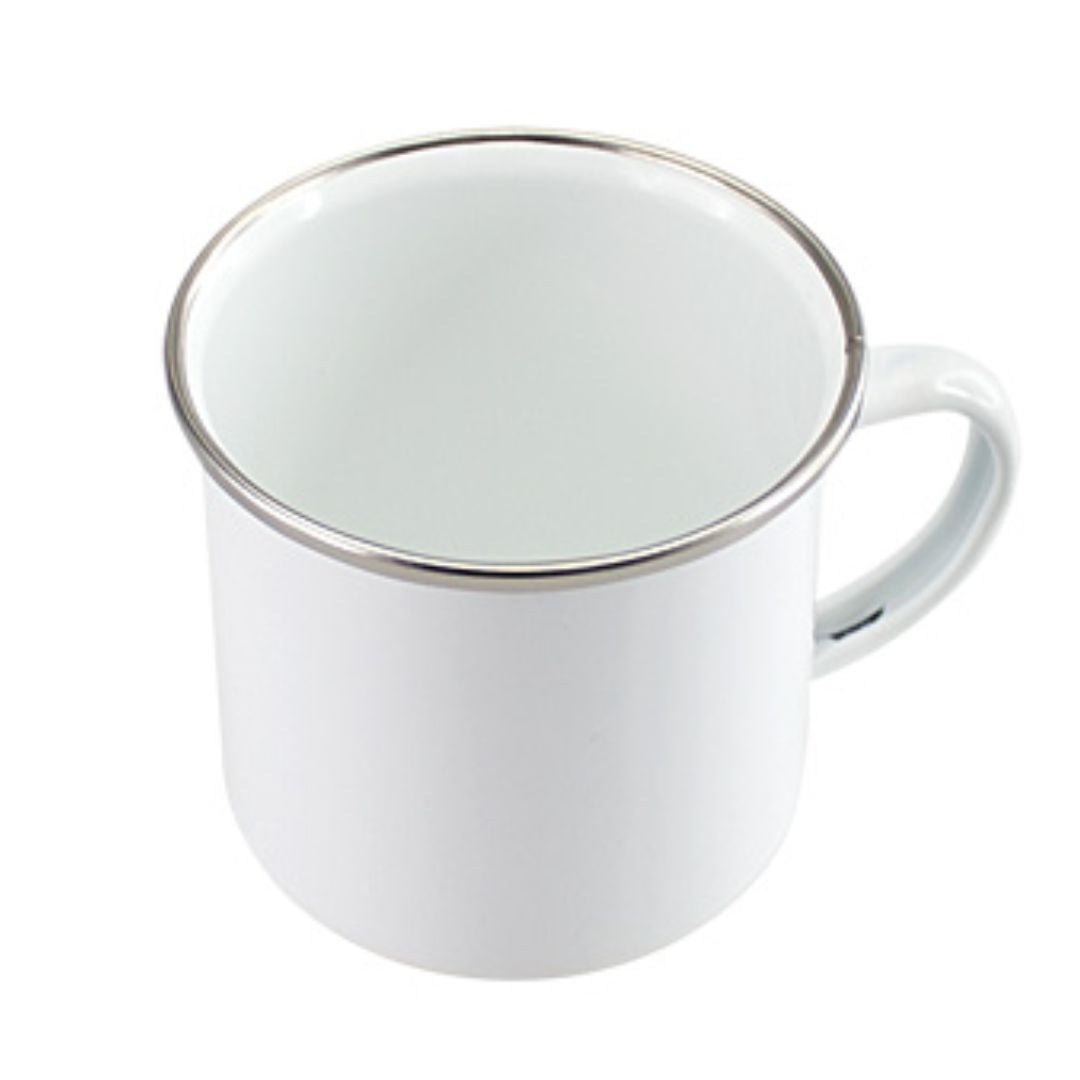Taza Enlozada Sublimable 12 oz con Borde de Plata