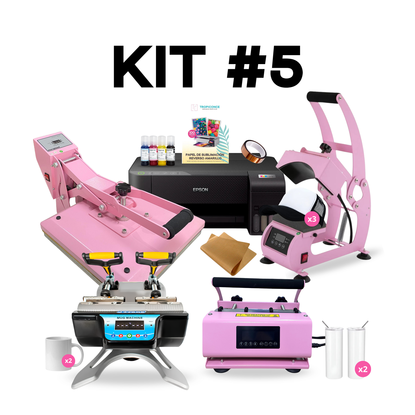KIT DE SUBLIMACION 5 EN 1 | POLERAS, TAZAS, BOTELLAS, JOCKEYS E IMPRESORA DE SUBLIMACION