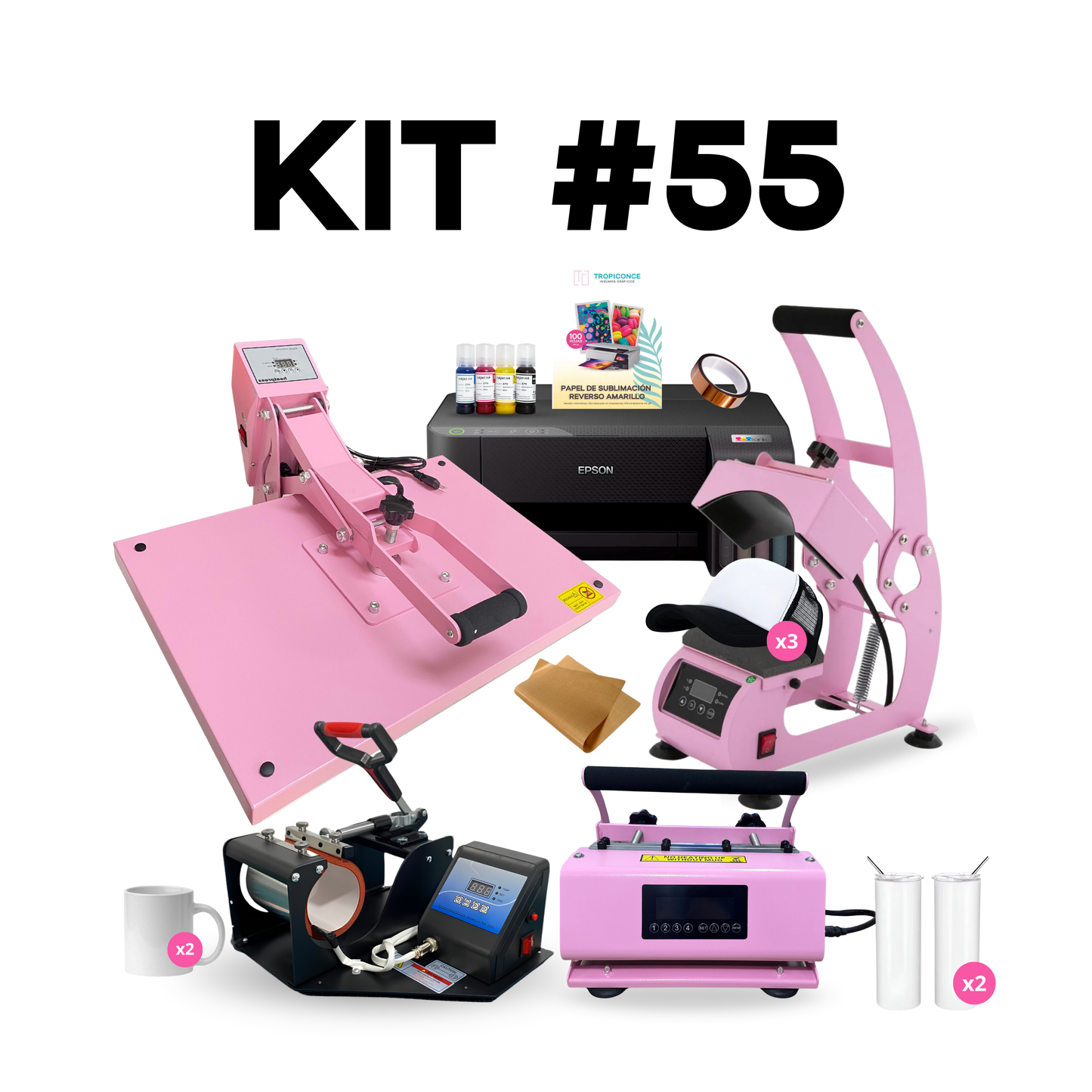 KIT DE SUBLIMACION 5 EN 1 CON 40X60| POLERAS, TAZAS, BOTELLAS, JOCKEYS E IMPRESORA DE SUBLIMACION