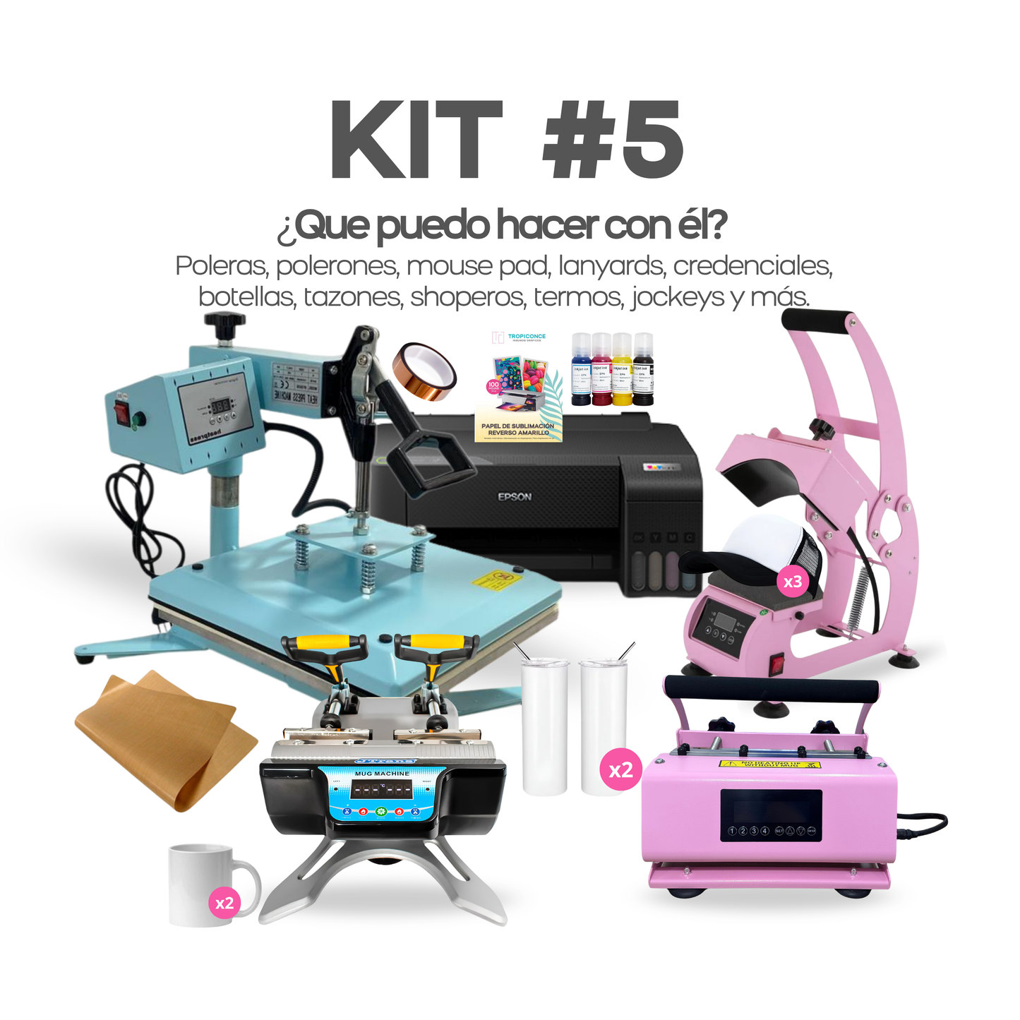 Kit #5 Estampadora de poleras, botellas, tazas, jockey e impresora para sublimación.
