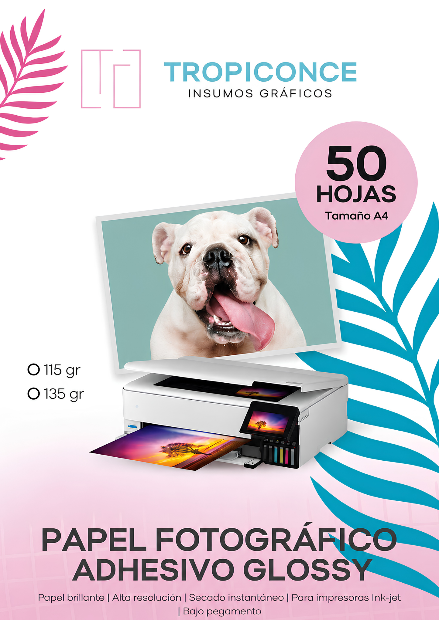 Papel Fotográfico Adhesivo Glossy 50 hojas – Bajo Pegamento (115 gr y 135 gr)